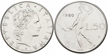 ИТАЛИЯ 50 ЛИР 1980 R КУЗНЕЦ KM 95.1 сталь 68-511