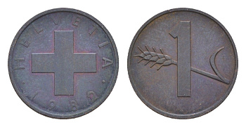 Швейцария 1 раппен 1982 KM 46 бронза 4611-638