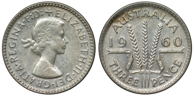 Австралия 3 пенса 1960 m, Елизавета II (1952-2022) KM 57 серебро 71-626
