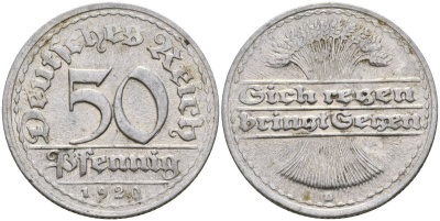 Германия 50 пфеннигов 1920 D KM 27 алюминий 4171-1043