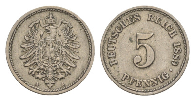 Германия 5 пфеннигов 1889 A, Вильгельм II (1888-1918) KM 3, J. 3, Weege 5 медно-никель 4639-1254