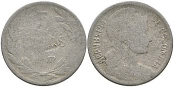 КОЛУМБИЯ 5 ПЕСО 1909 p/m, ИНФЛЯЦИОННЫЙ ВЫПУСК KM 279 медно-никель 4529-852