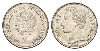 Венесуэла 1 боливар 1990 Симон Боливар Y 52a.2 сталь плакированная никелем 4662-912