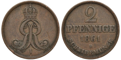 Брауншвейг-Каленберг-Ганновер 2 пфеннига 1861 B, Георг V (1851-1866) KM 234,aKS 153, J. 91 медь 4142-256