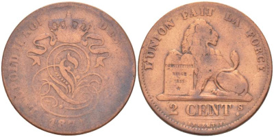 БЕЛЬГИЯ 2 САНТИМА 1875 BELGES, ЛЕОПОЛЬД II (1865-1909) KM 35.1 медь 4516-726