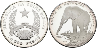 Гвинея-Бисау 20000 песо 1993 серия охрана природы, слон KM 33 серебро PROOF 00-00
