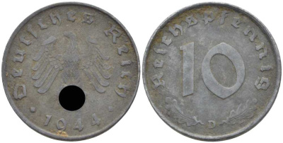 ГЕРМАНИЯ 10 РЕЙХСПФЕННИГОВ 1944 D KM 101, J. 371 цинк 4401-536