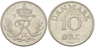 ДАНИЯ 10 ЭРЕ 1955 N; S, ФРЕДЕРИК IX (1947-1972) KM 841.1 медно-никель 3718-342