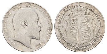 Великобритания 1/2 кроны 1904 Эдуард VII (1901-1910), редкий год KM 802, Spink 3980 серебро 443-1535