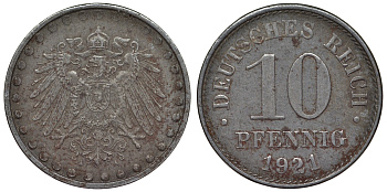 Германия 10 пфеннигов 1921 A KM 20, J. 298 железо 4119-251