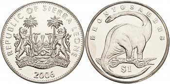 Сьерра-Леоне 1 доллар 2006 серия динозавры, бронтозавр KM 324 медно-никель UNC M20-19