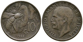 ИТАЛИЯ 10 ЧЕНТЕЗИМО 1925 R, ПЧЕЛА KM 60 медь 4382-1111