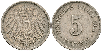 Германия 5 пфеннигов 1911 J KM 11, Jager 12, Weege 6 медно-никель 08-1313