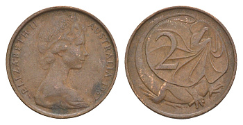 Австралия 2 цента 1967 Елизавета II (1952-2022), плащеносная ящерица KM 63 бронза 4585-1062