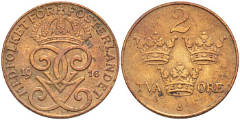 Швеция 2 эре 1916 Густав V (1907-1950), короткая шестерка KM 778 бронза 210-1032