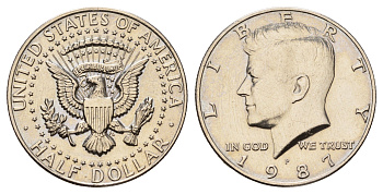 США 1/2 доллара (50 центов) 1987 P, Джон Кеннеди, редкий год KM A202b медь плакированная медно-никелем UNC 4672-633