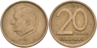 Бельгия 20 франков 1994 Belgique, Альберт II KM 191 никель бронза 4126-322