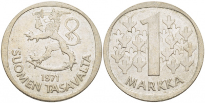 ФИНЛЯНДИЯ 1 МАРКА 1971 S KM 49а медно-никель 3718-753