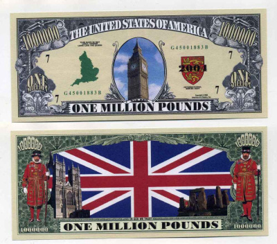 США 1000000 ДОЛЛАРОВ 2004 СУВЕНИРНАЯ БАНКНОТА, КОРОЛЕВСТВО ВЕЛИКОБРИТАНИИ, БИГБЭН В ЛОНДОНЕ, АНГЛИЙСКИЙ ФЛАГ бумага UNC (ПРЕСС) 8588-62-1-2