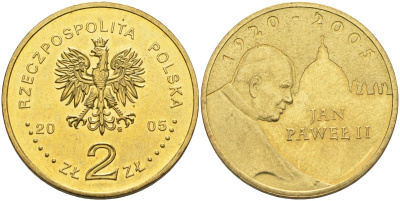 Польша 2 злотых 2005 MW, папа Иоанн Павел II (1920-2005) KM 525, Parchimowicz 953 латунь 4586-1116