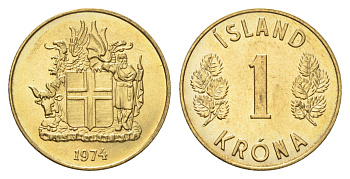Исландия 1 крона 1974 KM 12a никель латунь UNC 4695-541