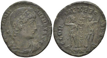 Римская Империя нуммий 336 - 337 Константин I Великий, CONSTANTINVS MAX AVG / GLORIA EXERCITVS, Никомедия, (степень редкости S) RIC 199 биллон 1073-17-101