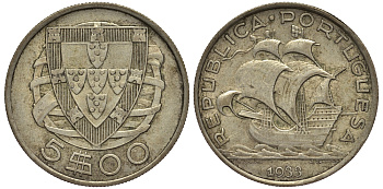 ПОРТУГАЛИЯ 5 ЭСКУДО 1933 ПАРУСНИК KM 581 серебро 1527-422