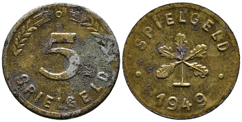 ФРГ 5 ИГРОВЫХ ПФЕННИГОВ 1949 SPILGELD, ДИАМЕТР 13 ММ. сталь покрытая латунью 4532-136