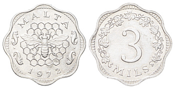 Мальта 3 миля 1972 год-тип KM 6 алюминий UNC 4122-832