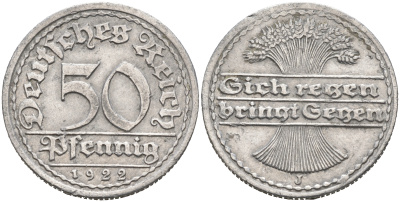 ГЕРМАНИЯ 50 ПФЕННИГОВ 1922 J KM 27, J. 301, Weege 10 алюминий 4566-536