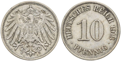 Германия 10 пфеннигов 1913 J KM 12, Jager 13, Weege 8 медно-никель 219-235