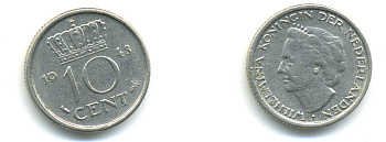 Нидерланды 10 центов 1948 Вильгельмина (1895-1948) KM 177 никель 83-956