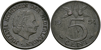 НИДЕРЛАНДЫ 5 ЦЕНТОВ 1954 ЮЛИАНА KM 181 бронза 95-311