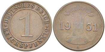 ГЕРМАНИЯ 1 РЕЙХСПФЕННИГ 1931 A KM 37, J. 313, Weege 2 бронза 211-568