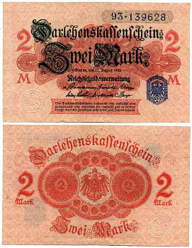 ГЕРМАНИЯ 2 МАРКИ 1914 РОЗОВАЯ БУМАГА, СИНЯЯ ПЕЧАТЬ, СЕРИЯ 93 Pick 55, Rosenberg 52d бумага 7523-55-2