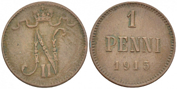 РОССИЯ ДЛЯ ФИНЛЯНДИИ 1 ПЕННИ 1915 НИКОЛАЙ II KM 13, Биткин 475 медь 4396-1436