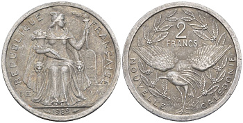 Французская Новая Каледония 2 франка 1989 птица кагу, (IEOM) KM 14, Schoen 11, Lec 65 алюминий    24-625