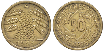 Германия 50 рентенпфеннигов 1924 A J. 310, KM 34 алюминиевая бронза 4118-146