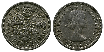 Великобритания 6 пенсов 1956 Елизавета II (1952-2022) KM 903, Spink 4149 медно-никель 4381-649
