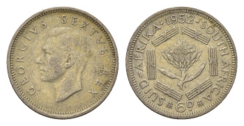 ЮАР 6 пенсов 1952 Георг VI (1936-1952) KM 36.2 серебро 4623-658