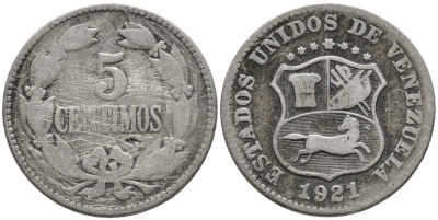ВЕНЕСУЭЛА 5 СЕНТИМО 1921 РЕДКИЙ ГОД KM 27 медно-никель 4532-248