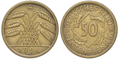 Германия 50 рентенпфеннигов 1924 A J. 310, KM 34 алюминиевая бронза 4118-146