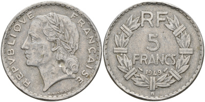 Франция 5 франков 1949 В, тип Лаврийе, Closed 9, мондвор Бомон ле-Роже KM 888b.2, LE FRANC алюминий    4599-1131