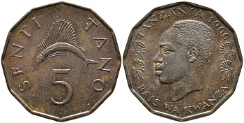 ТАНЗАНИЯ 5 СЕНТИ 1966 ПРЕЗИДЕНТ ДЖУЛИУС НЬЕРЕРЕ, ТУНЕЦ ПАРУСНИК KM 1 бронза 4529-836