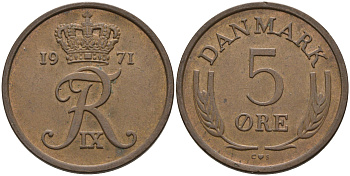 ДАНИЯ 5 ЭРЕ 1971 C; S, ФРЕДЕРИК IX (1947-1972) KM 848.1 бронза 4566-522