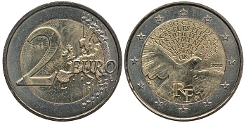 ФРАНЦИЯ 2 ЕВРО 2015 70 ЛЕТ ОКОНЧАНИЮ ВТОРОЙ МИРОВОЙ ВОЙНЫ, ГОЛУБЬ МИРА KM NEW биметалл 3999-632