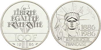 Франция 100 франков 1986 100 лет статуе Свободы на острове Эллис, пифорт, вес 30 грамм KM p972 серебро UNC 1099-3-61