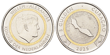 Кюрасао 5 гульденов 2025 король Виллем-Александр (2013- ) KM NEW биметалл  UNC  3459-645