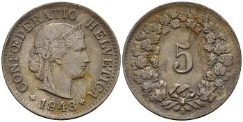 Швейцария 5 раппенов 1948 B KM 26 медно-никель 4189-326