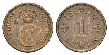 Исландия 1 эйре 1939 KM 5.1 бронза 4668-912